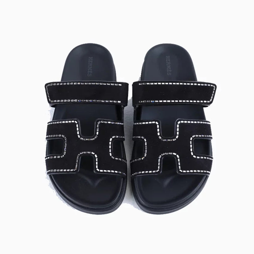 Hermes Chypre Suede Crystals Sandals - Black