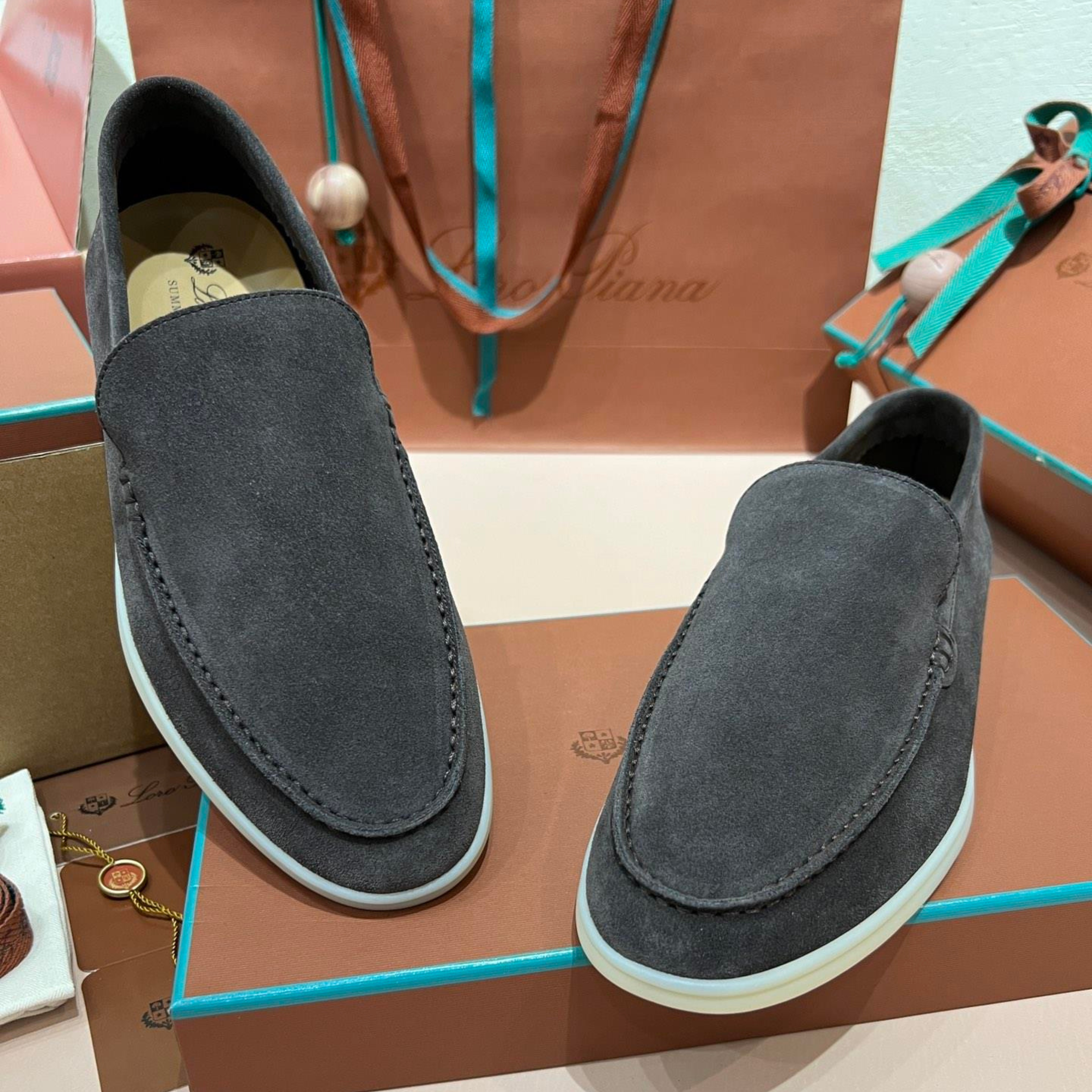 Loro Piana Summer Walk Suede Loafers - Dark Gray