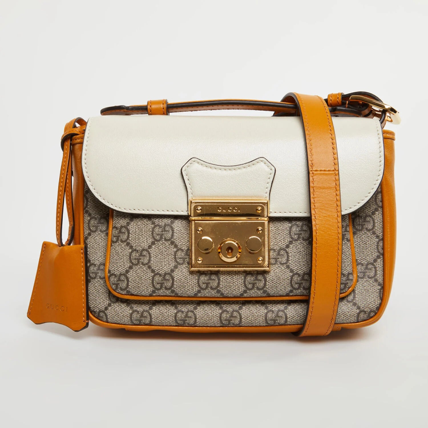 Gucci GG Supreme Padlock Front Pocket Flap Shoulder Bag  – Beige