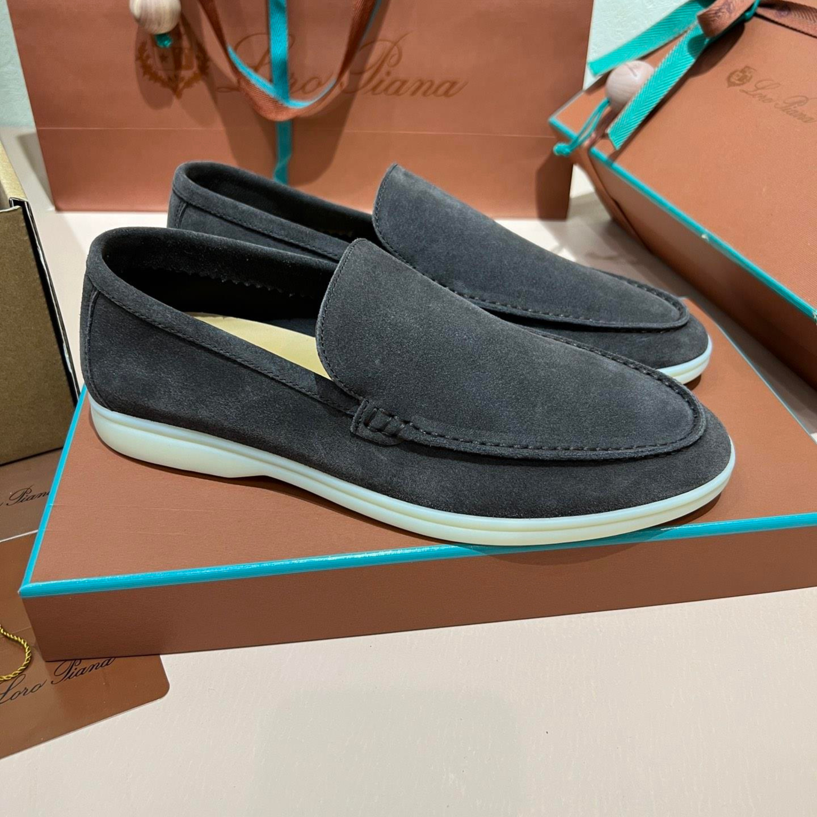 Loro Piana Summer Walk Suede Loafers - Dark Gray