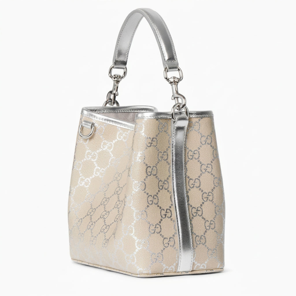 Gucci GG Supreme Monogram Emblem Leather Shoulder Bag - Beige