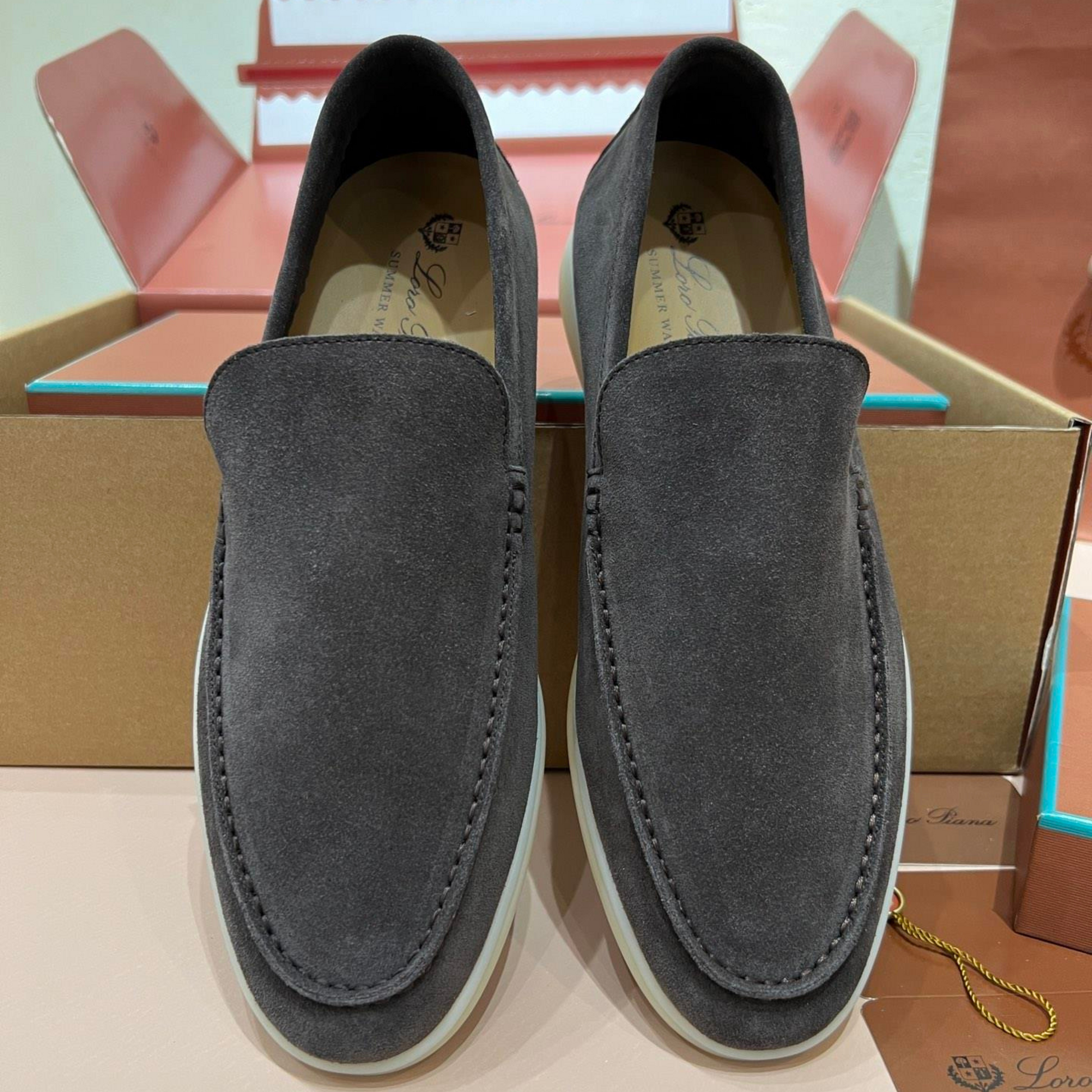 Loro Piana Summer Walk Suede Loafers - Dark Gray