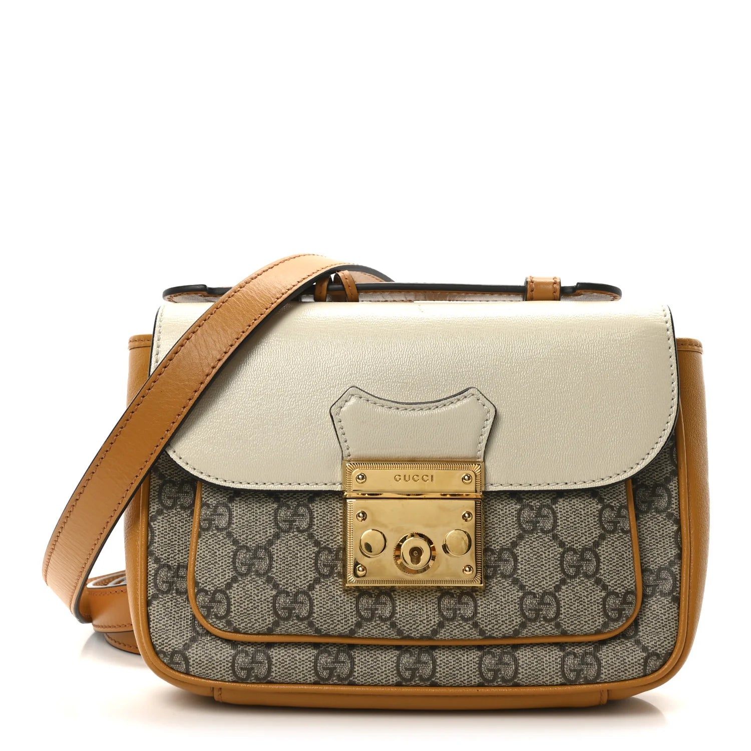 Gucci GG Supreme Padlock Front Pocket Flap Shoulder Bag  – Beige
