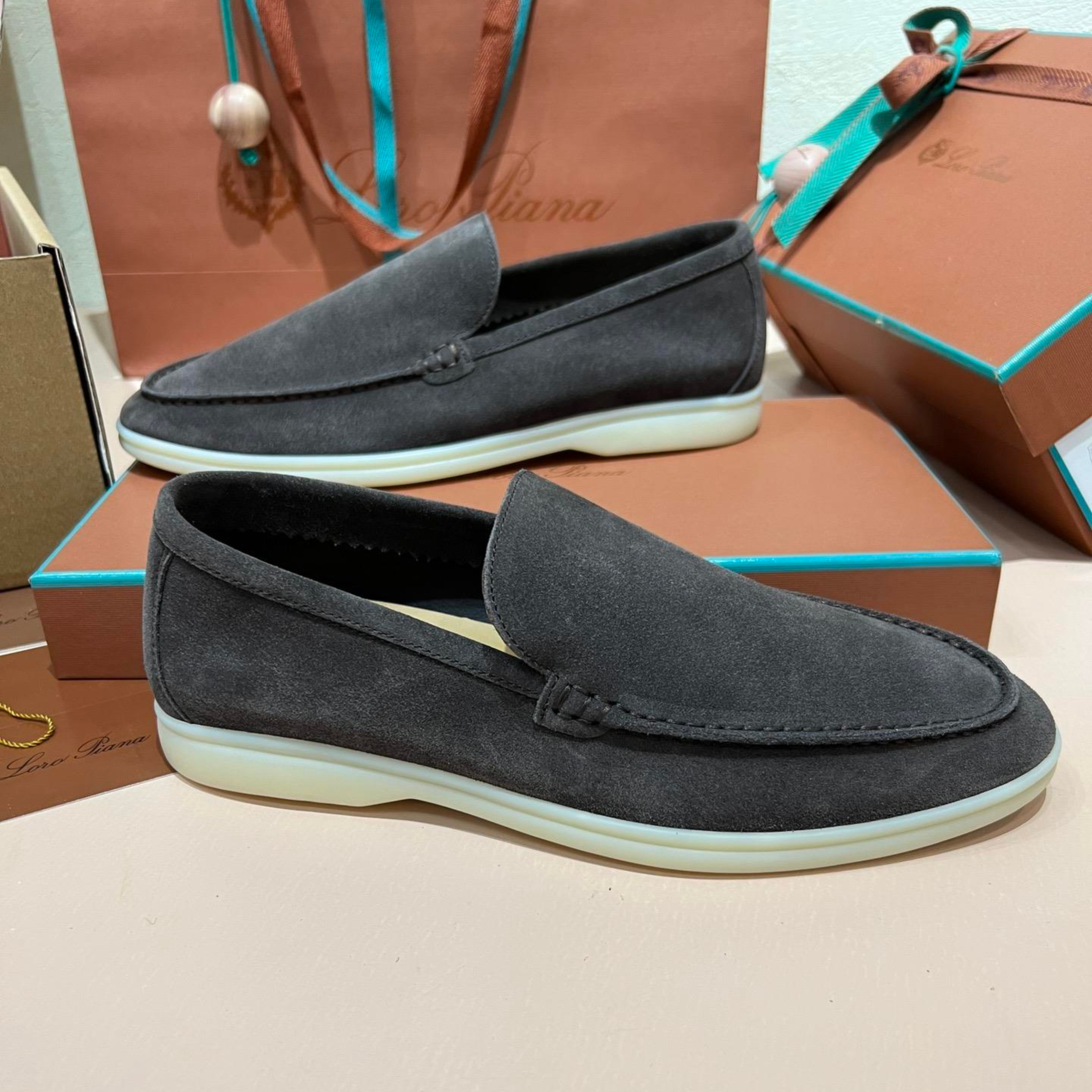 Loro Piana Summer Walk Suede Loafers - Dark Gray