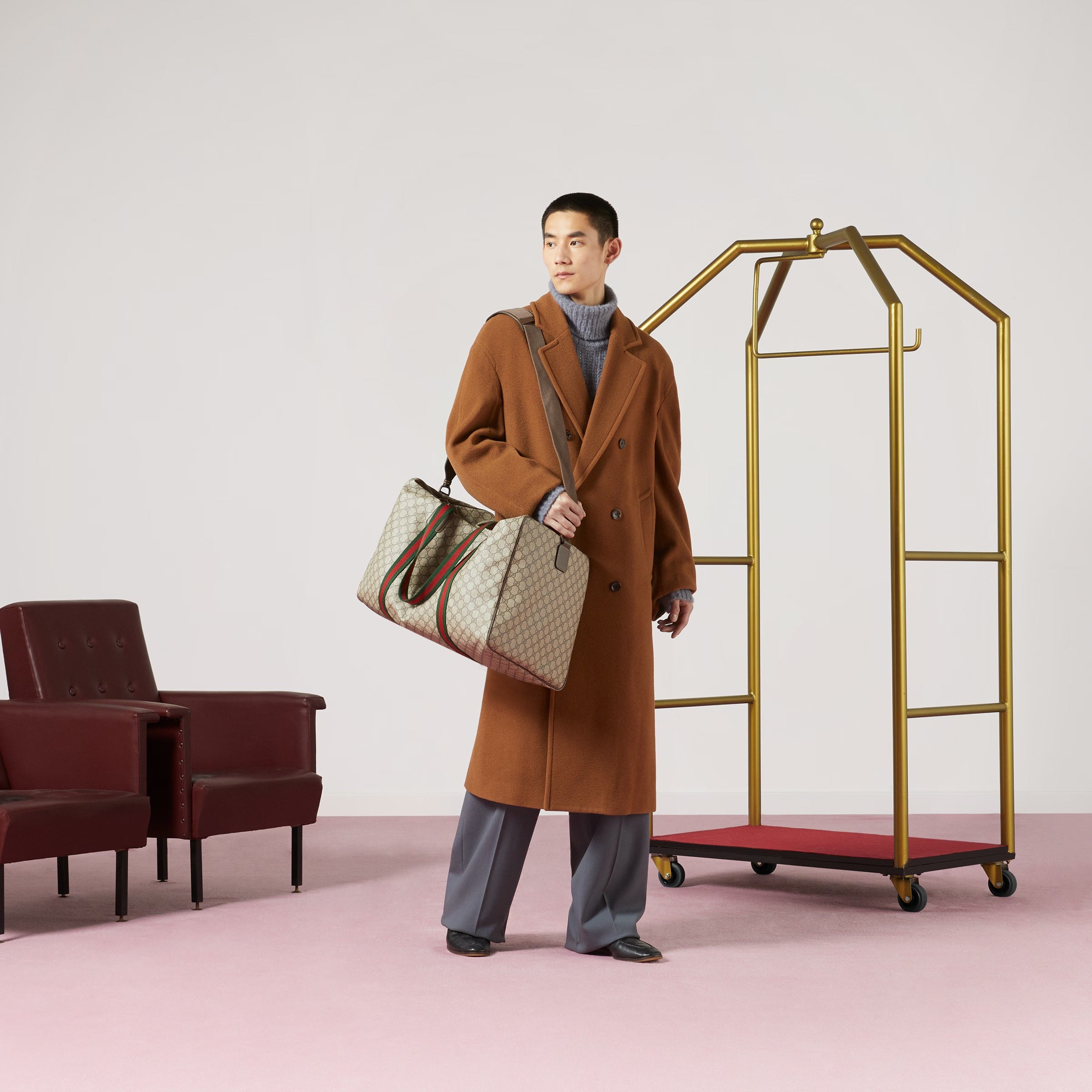 Gucci GG Supreme Canvas Large Duffle Bag with Web - Beige